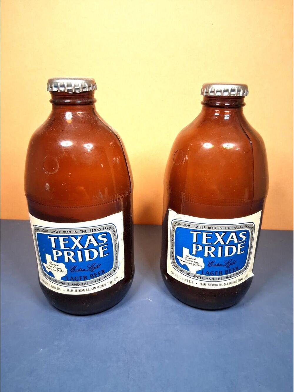 2 Rare Vintage Texas Pride Beer Bottles With Caps, Pearl Brewing Company